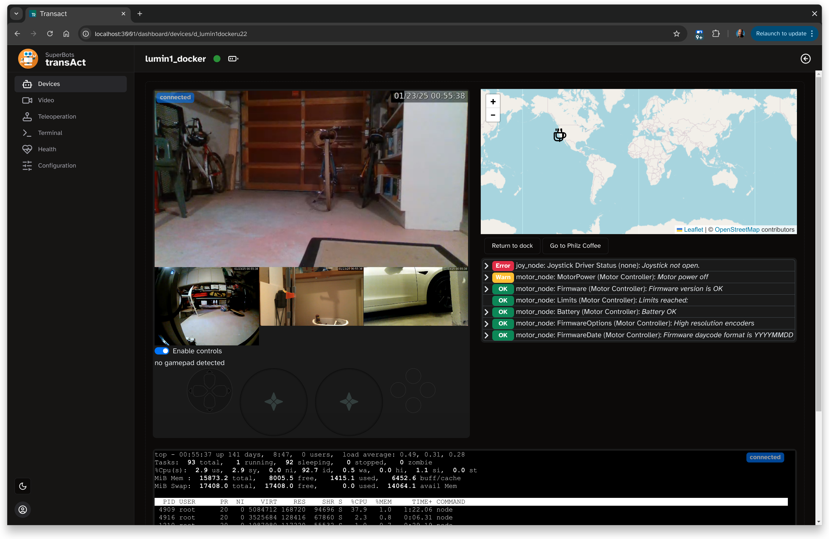 Device page incl. live video, remote control, map, ROS diagnostics, and a terminal.