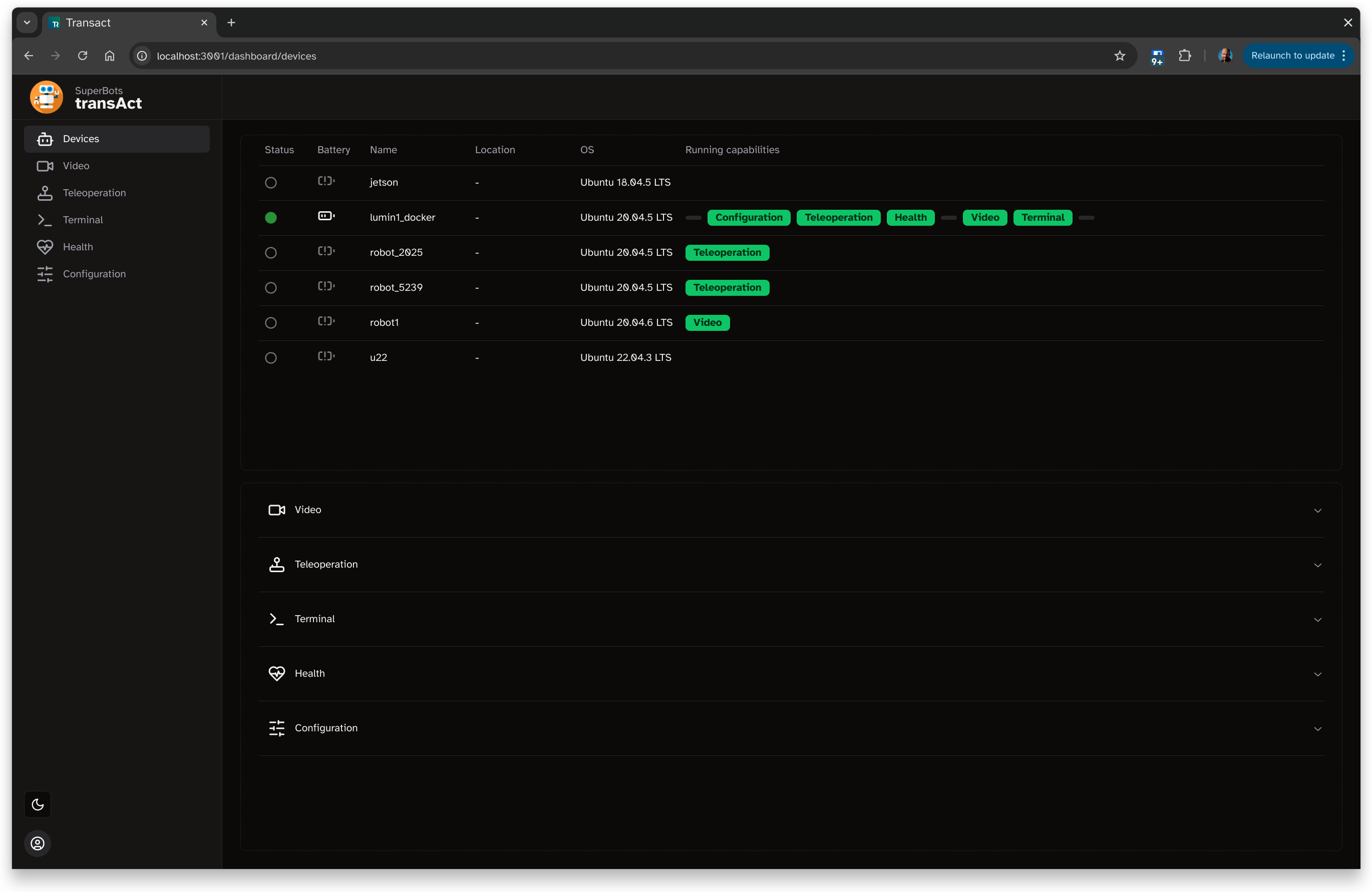 Devices page, listing all robots in the fleet and their installed capabilities.